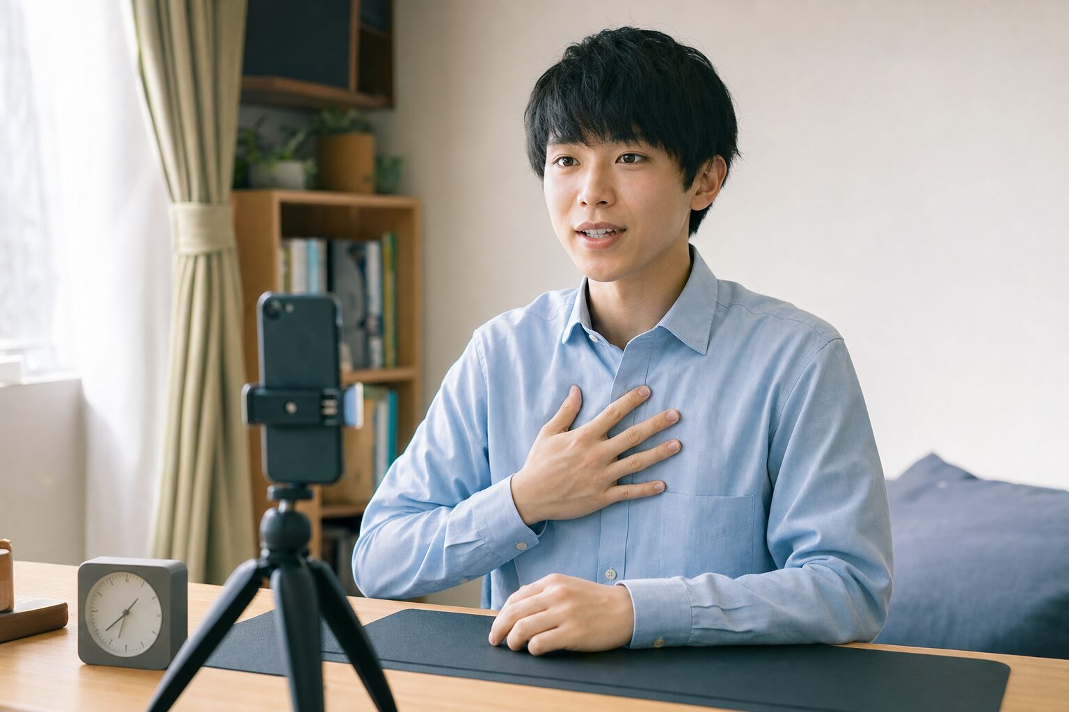 スマホに向かって一人でAI面接を受ける大学生