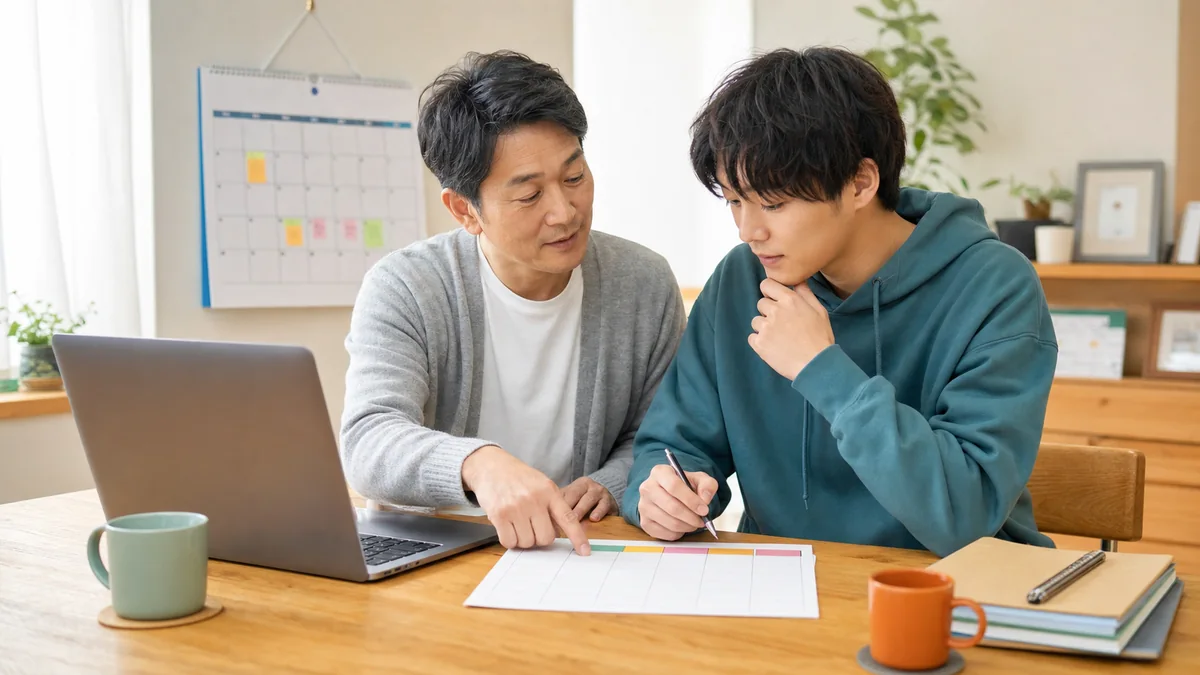 大学4年の就活を親子で週間計画に整理している様子