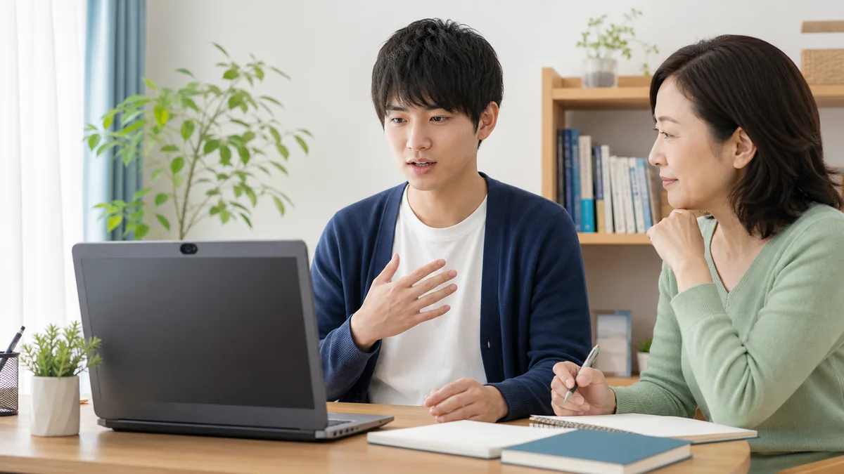 面接で落ち続ける子どもが親と一緒に受け答えを振り返っている様子