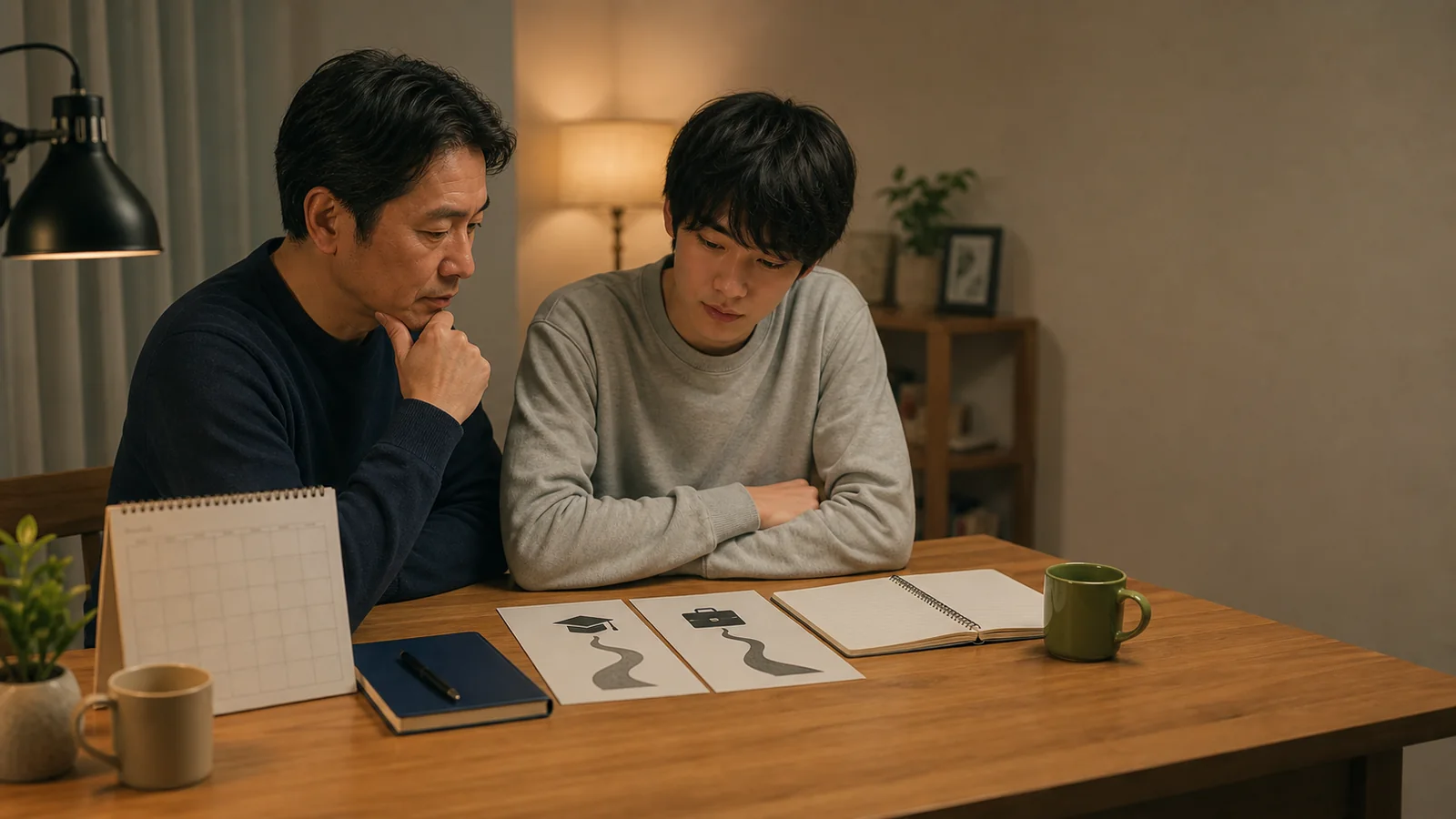 親子で就職留年と既卒就職の選択肢をカレンダーとノートで話し合っているイメージ