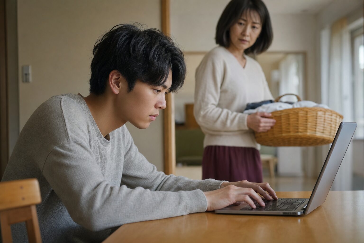 AIでエントリーシートを書く大学生と、それを心配そうに見守る親