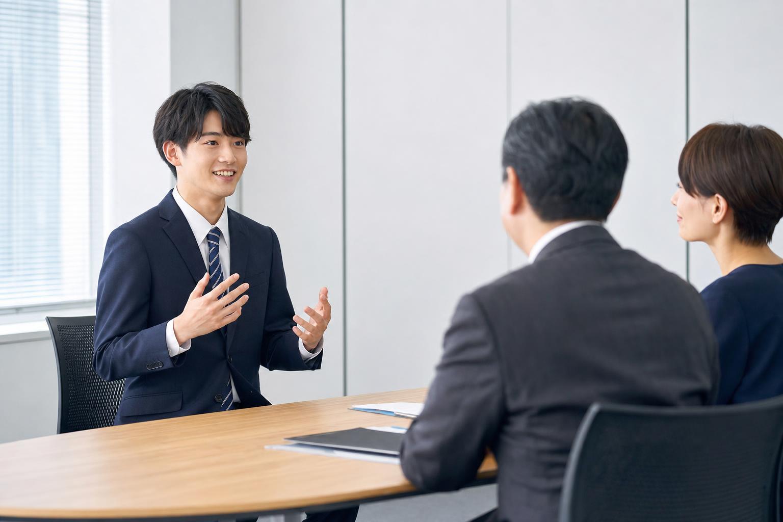 面接で趣味を前向きに話す就活生