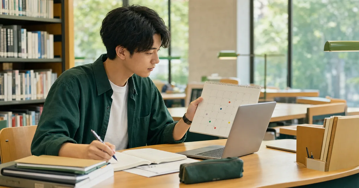 カレンダーを見ながらインターンの応募締切を整理する大学生