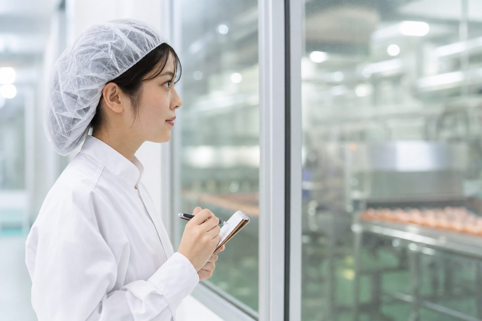 食品工場を見学しながらメモを取る就活生のイメージ