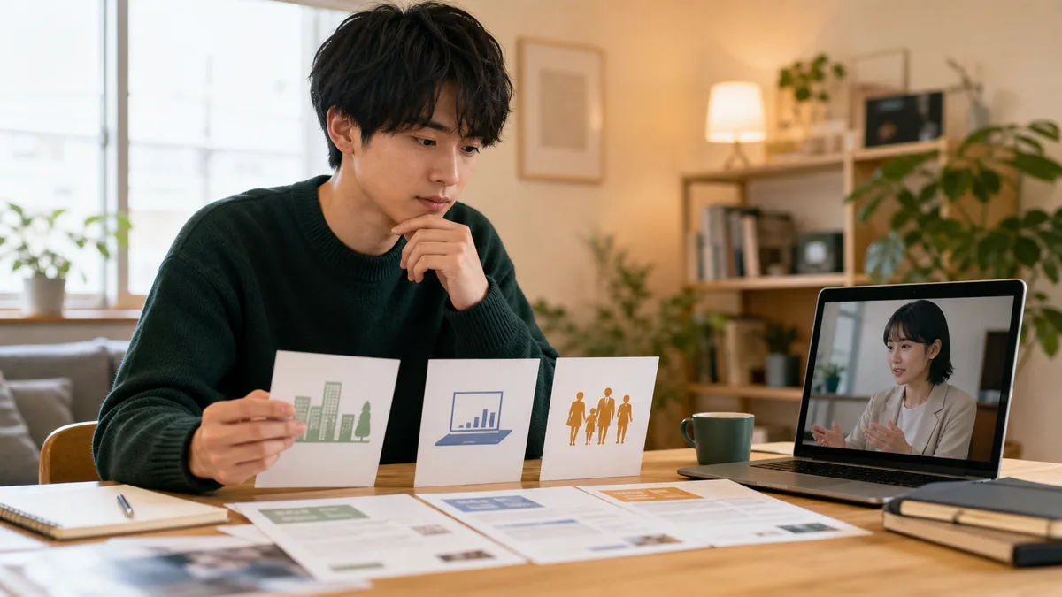 複数の仕事候補を三社へ絞るため相談する就活生