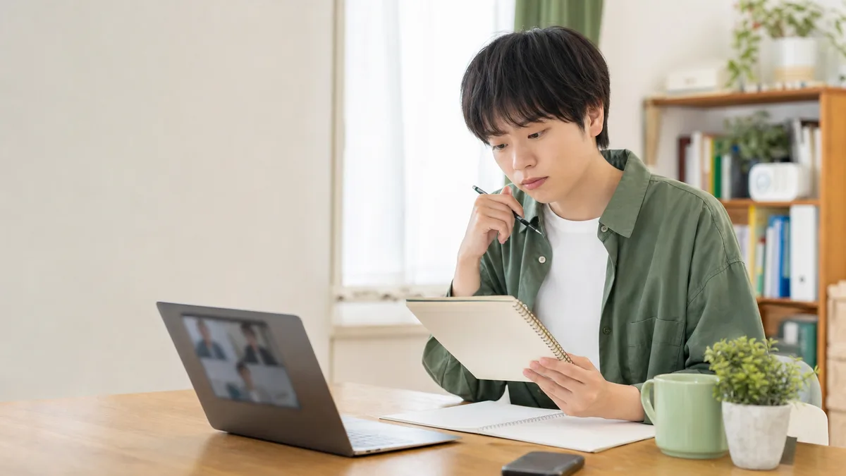 就活の悩みと相談したい内容を整理しながらオンライン面談に臨む大学生