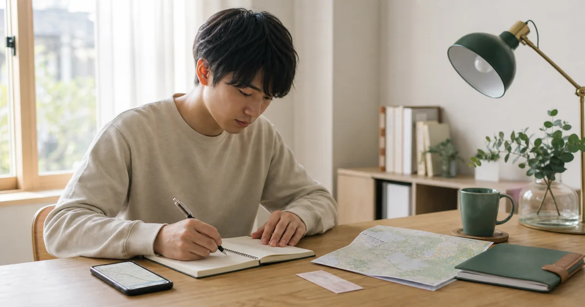 旅行の記録を見ながら履歴書の趣味欄を整理する就活生