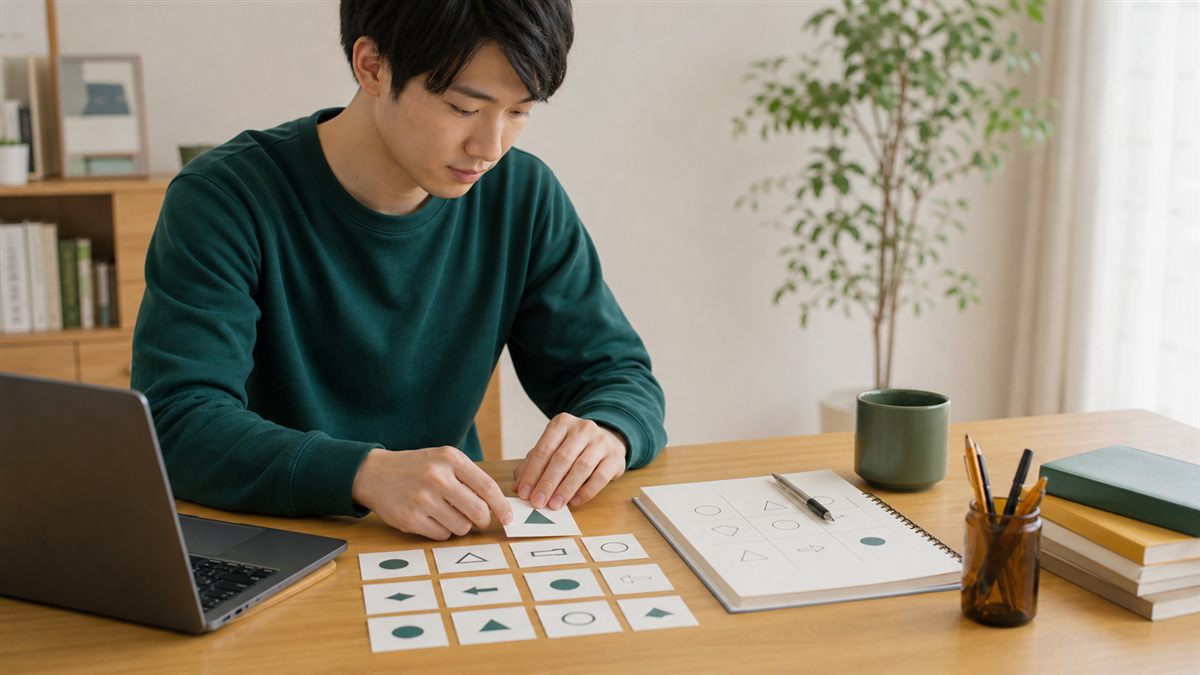 図形カードを一つずつ並べ、CAB命令表の処理順を確認する就活生